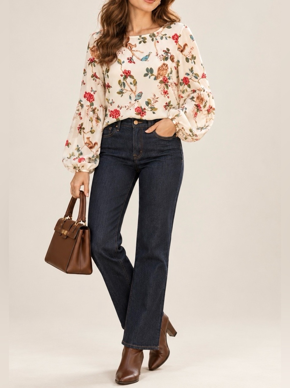 Disney LC Lauren Conrad Woodland Floral Balloon Sleeve Blouse Cream S